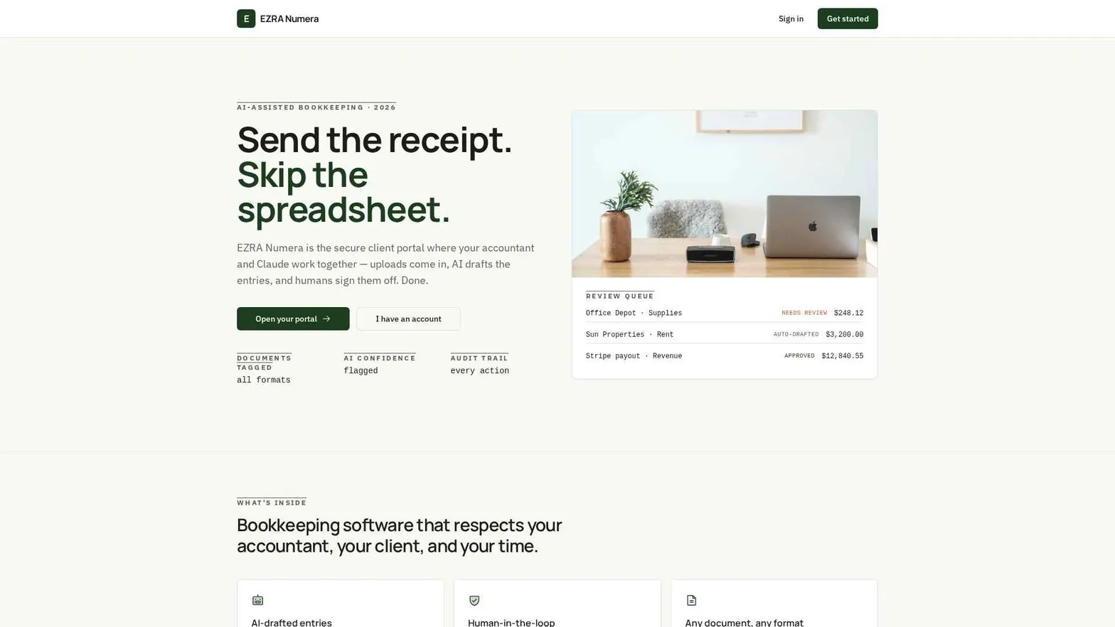 EZRA Numera bookkeeping portal dashboard with client accounts and a review queue